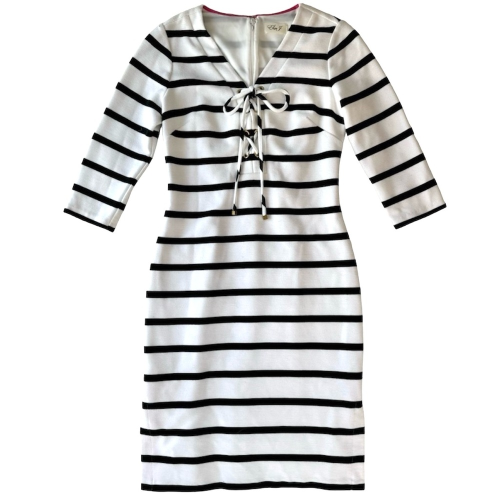 Eliza J Sheath Dress Black White Striped 3/4 Sleeve Sz 8‎ Nautical Sailor
